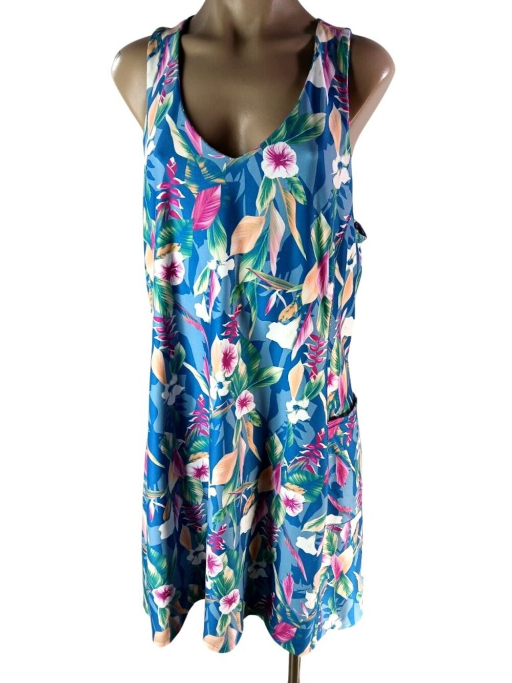 Marika Womens Plus Blue Dress Size 1X Tropical Floral Sleeveless Cover Up Hawaii